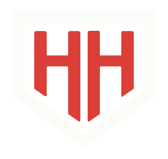 Home Run Hero logo white baseball plate with two red H's inside